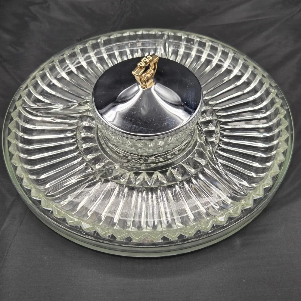 Kromex Lazy Susan Rotating Party Platter Glass Dish Snack Relish Serving Tray